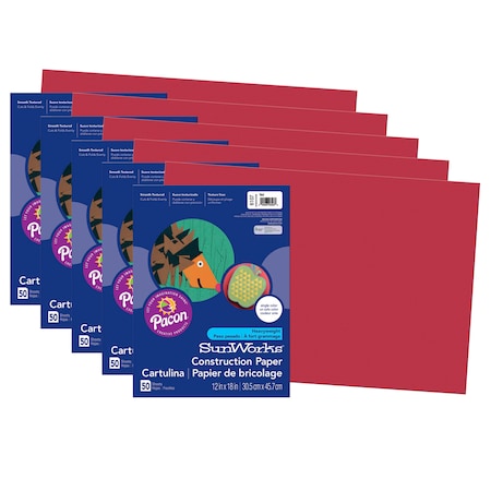 PACON SunWorks® Construction Paper, Red, 12 x 18, 50 Sheets/Pack, PK5 6107
